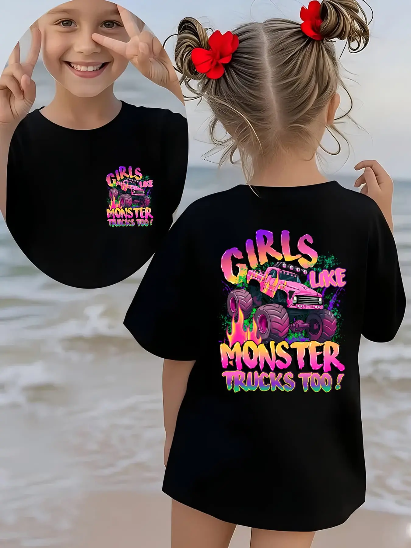 Toddler Girls Girls Like Monster Trucks Too T-Shirt Front Back Print Pink Monster Truck Graphic Short Sleeve Kids Tee