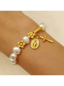Vintage Cross Pendant Bracelet with Virgin Mary Charm Oval Locket Pearl Beads Floral Design Women Girls Jewelry Gift