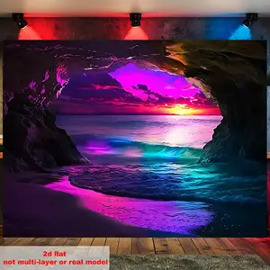 One fluorescent tapestry, a spectacular sunset view from the coastal cave, suitable for living room, bedroom and dormitory - party events, birthday parties, all four seasons, room decoration