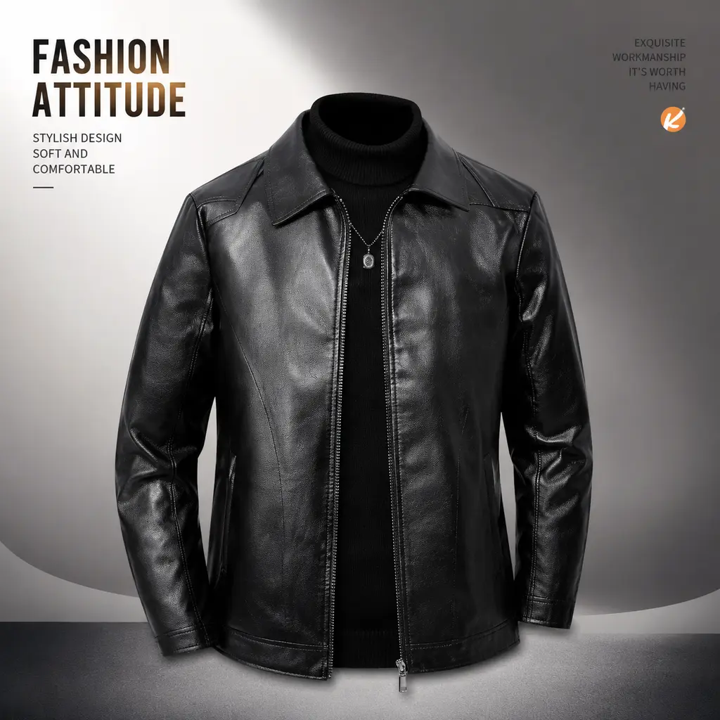 Men's Premium Faux PU Leather Jacket Tops - Classic Collared Zip-Up Coat, Tailored Fit Casual Biker Style with Practical Pockets