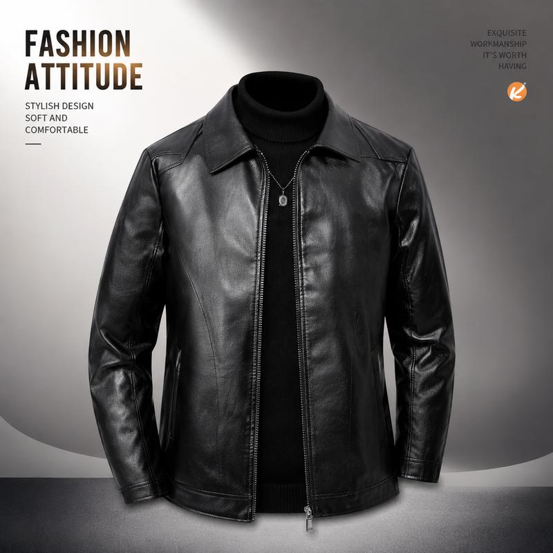 Men's Premium Faux PU Leather Jacket - Classic Collared Zipper Front Coat, Tailored Cut Biker Look, Casual Outings Wear with Practical Pockets