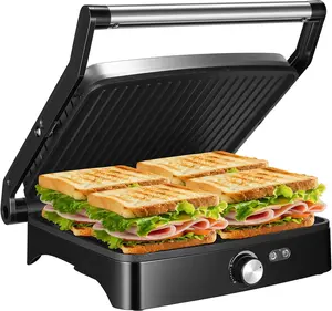 OSTBA Panini Press Grill with Adjustable Temperature 4-Slice Indoor Grill 180° Open Sandwich Maker Non-Stick Plates Stainless Steel 1200W Cast Aluminum Panini Press