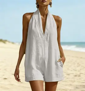 Women’s summer solid-color halter V-neck jumpsuit, sleeveless, simple slim fit—elegant outfit for outings and parties