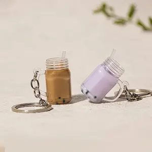 1Pc mini milk tea model keychain, simulated car key ring, bag decoration pendant, suitable for milk tea shop to give customers a small gift
