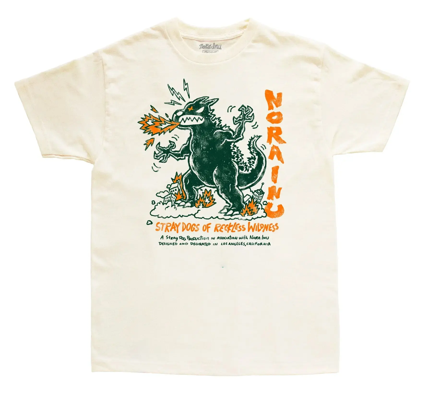Retro Graffiti Godzilla Vintage Short Sleeve T-Shirt. Off-white unisex cotton tee with hand-drawn flame-breathing monster graphics and retro slogans. Distressed print creates vintage texture. Relaxed fit, great for streetwear and daily casual outfits.