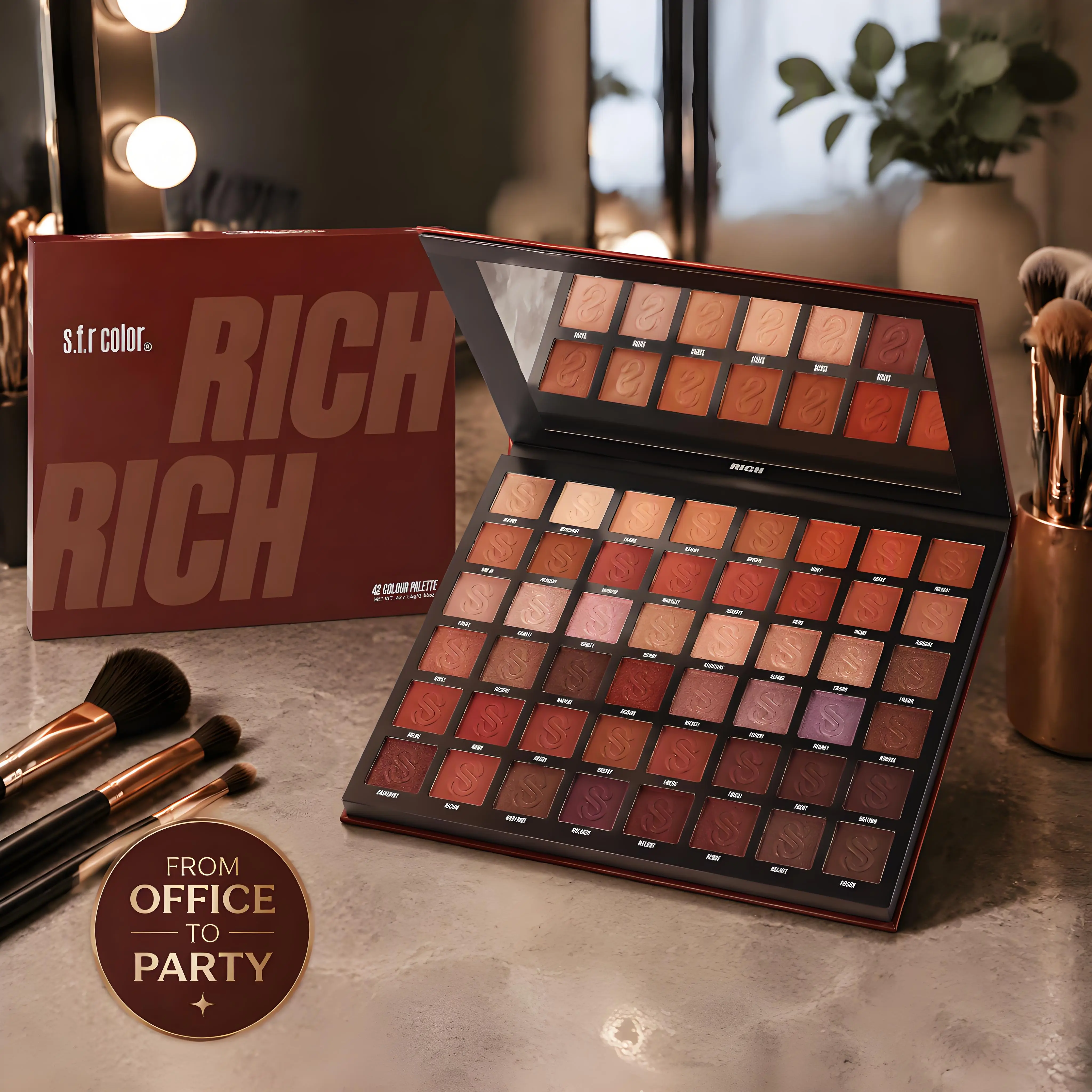 42-Color Deep Red Eyeshadow Palette – Natural Nude to Smoky Warm Neutrals. Ultra-Blendable, High-Pigment Matte, Shimmer & Metallic. Long-Lasting, Water-Resistant, Travel-Size Tools Included. Ideal for Wine Red, Fall, Date Night, Halloween & Everyday Looks