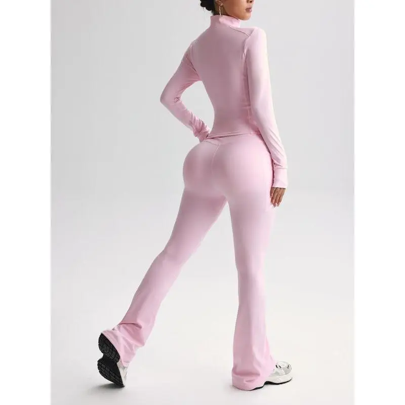 Women's Solid Color Zipper Jacket & Pocket Flare Pants Set, Sweatsuit Set, Perfect for Yoga Gym Outdoor Sports, Comfortable Breathable Autumn Winter Women's Solid Color Zipper Jacket & Pocket Flare Pants Set, Sweatsuit Set, Perfect for Yoga Gym Outdoor Sports, Comfortable Breathable Autumn Winter