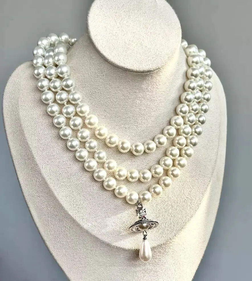 Y2K Style Queen Mother West Mini Three-layer Pearl LittleSaturn Pearl LovePin 3D Planet Necklace & Bracelet Premium Titanium Alloy Ideal for Daily Wear & Parties Daily Wear Jewelry Y2K Fashion Accessory Durable Alloy
