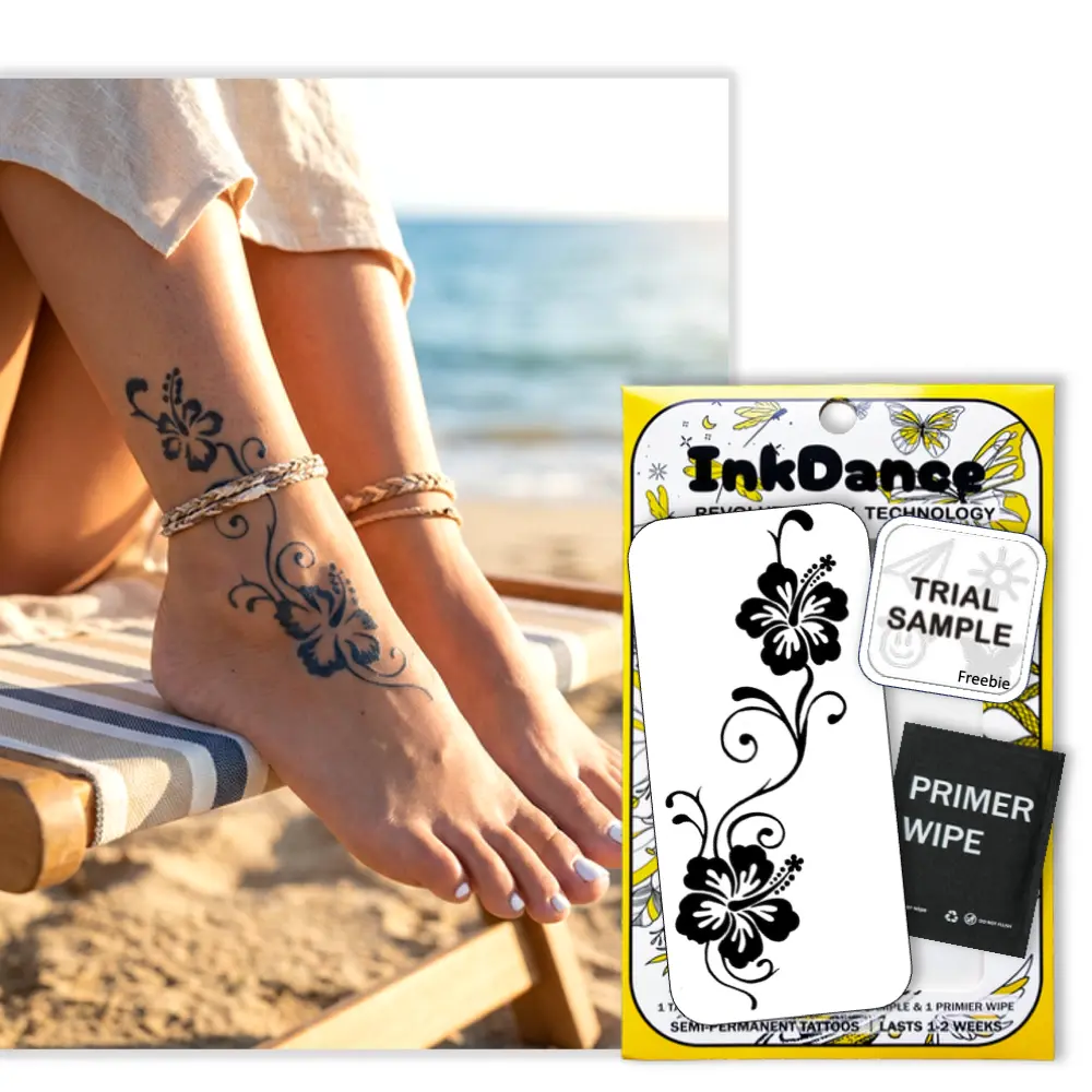 InkDance Semi-Permanent Tattoo, Midnight Tropics, Tropical Hibiscus, Long Lasting Temporary Tattoos, Waterproof Plant-Based Ink, Lasts 1-2 Weeks, Color Develops in 24 Hours D272