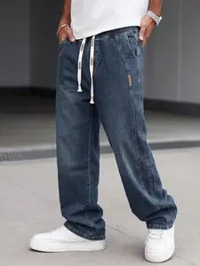 Men's Vintage Washed Jeans, Casual Long Pants, Pocket, Drawstring Waist, Elastic Waistband, Loose Straight Fit, Daily Wear