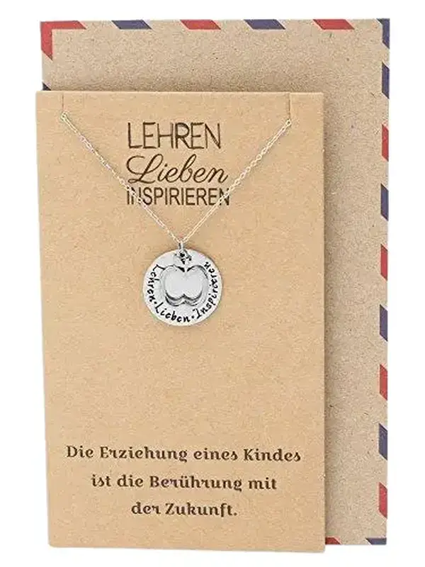 Quan Jewelry Teacher Appreciation Gifts, German Inscription Apple Pendant Necklace, Teacher Gifts for Women with Inspirational Greeting Card Adjustable Chain 16" to 18"