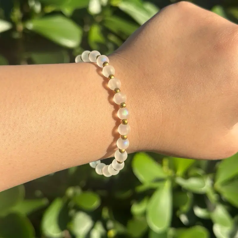 Matte Frosted Holographic Beads Bracelet with Alternating Gold Accent Beads