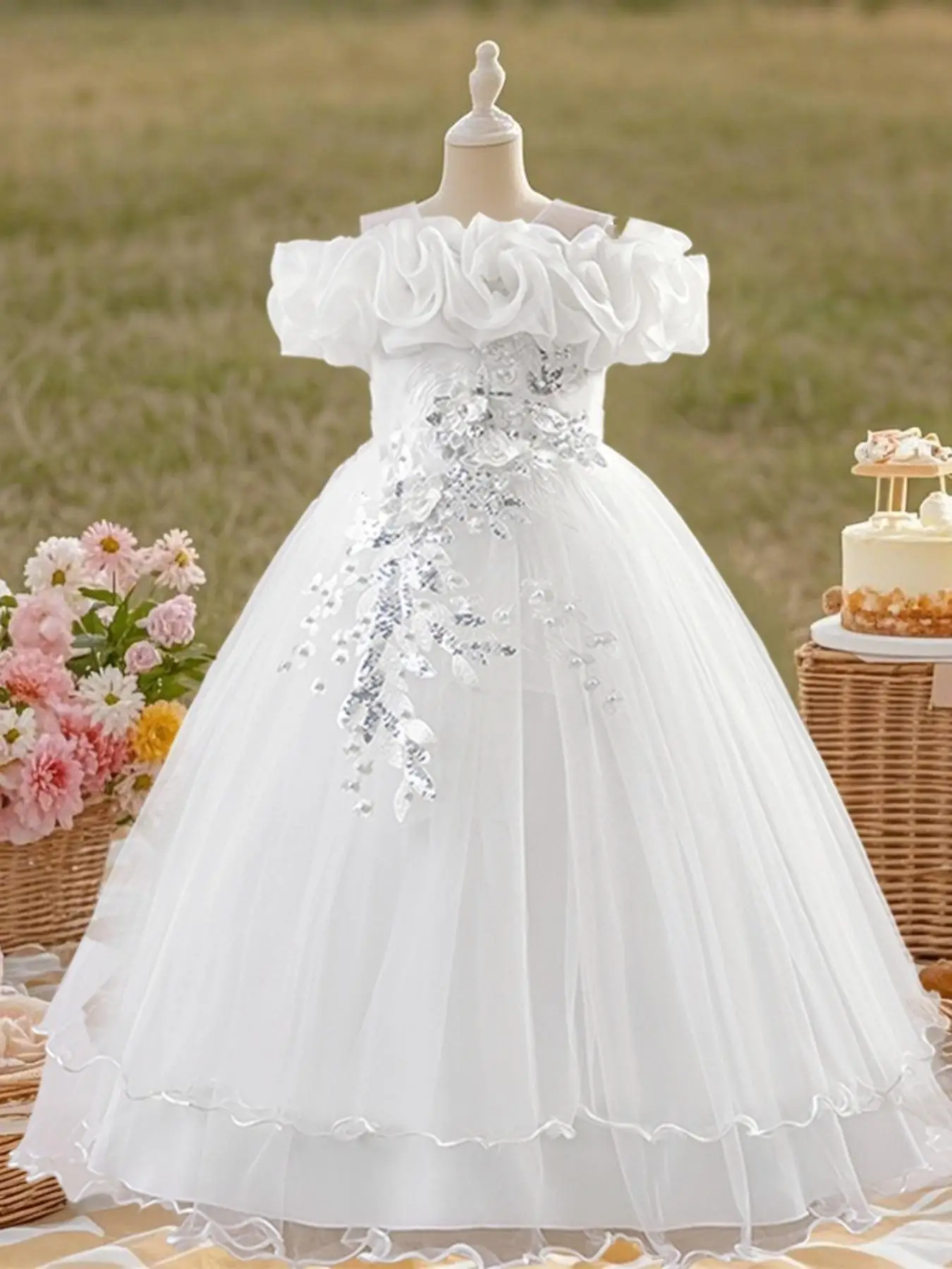 Off Shoulder Sequin Tulle Party Princess Dress, Elegant Glitter Sweater Dress for Birthday Host Piano Recital, Kids Clothes for Party