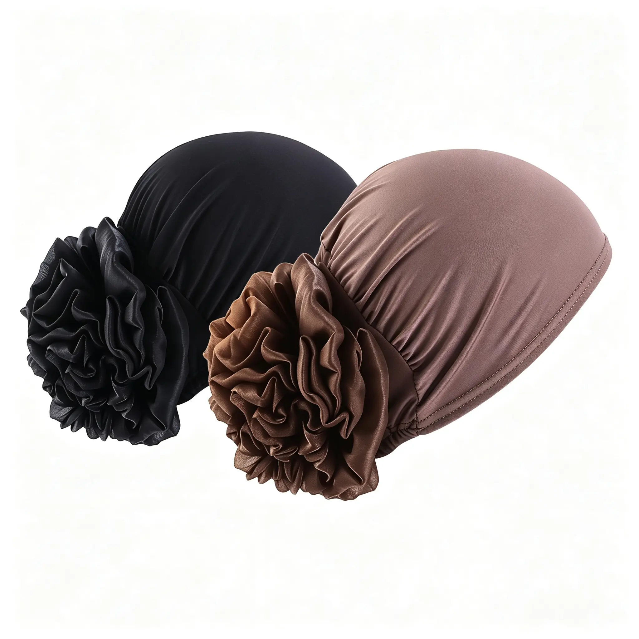 Women's 2-Pack Floral Pre-Tied Turban Caps, Stretch Hijab Undercap, Modest Daily Head Covering, Black & Coffee