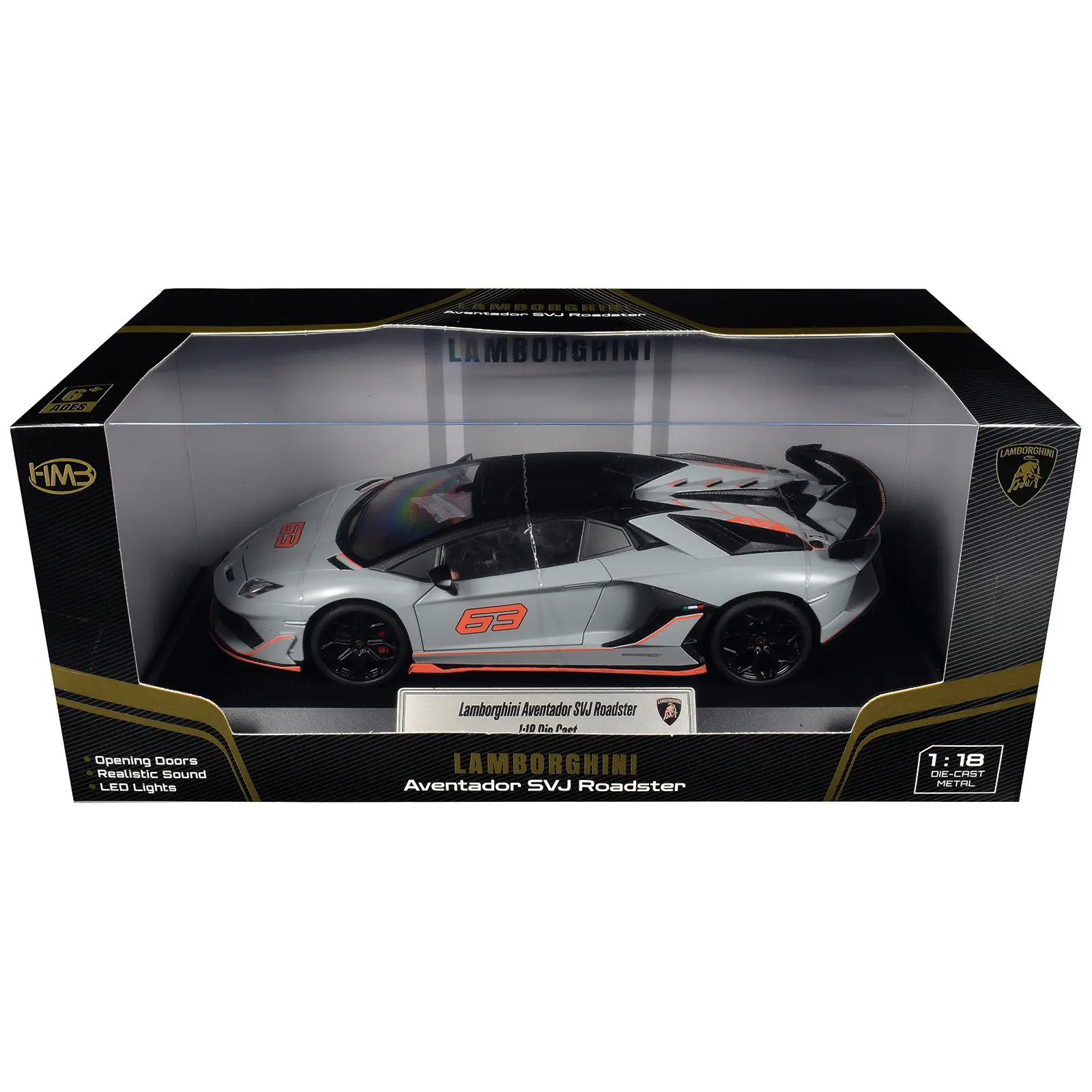 Lamborghini Aventador SVJ Roadster Matt Gray with Carbon Top and Orange Accents 1/18 Diecast Model Car by Heimanba