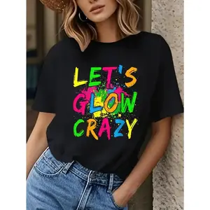 Women's Neon Glow Graphic T-Shirt - Let's Glow Crazy Party Top - Lightweight Round Neck Short Sleeve Summer Tee - Machine Washable Black Shirt with Neon Green, Pink, Yellow, Blue, Purple - Casual & Night Out Outfits - All-Season Comfort Fit - Geometric Pr