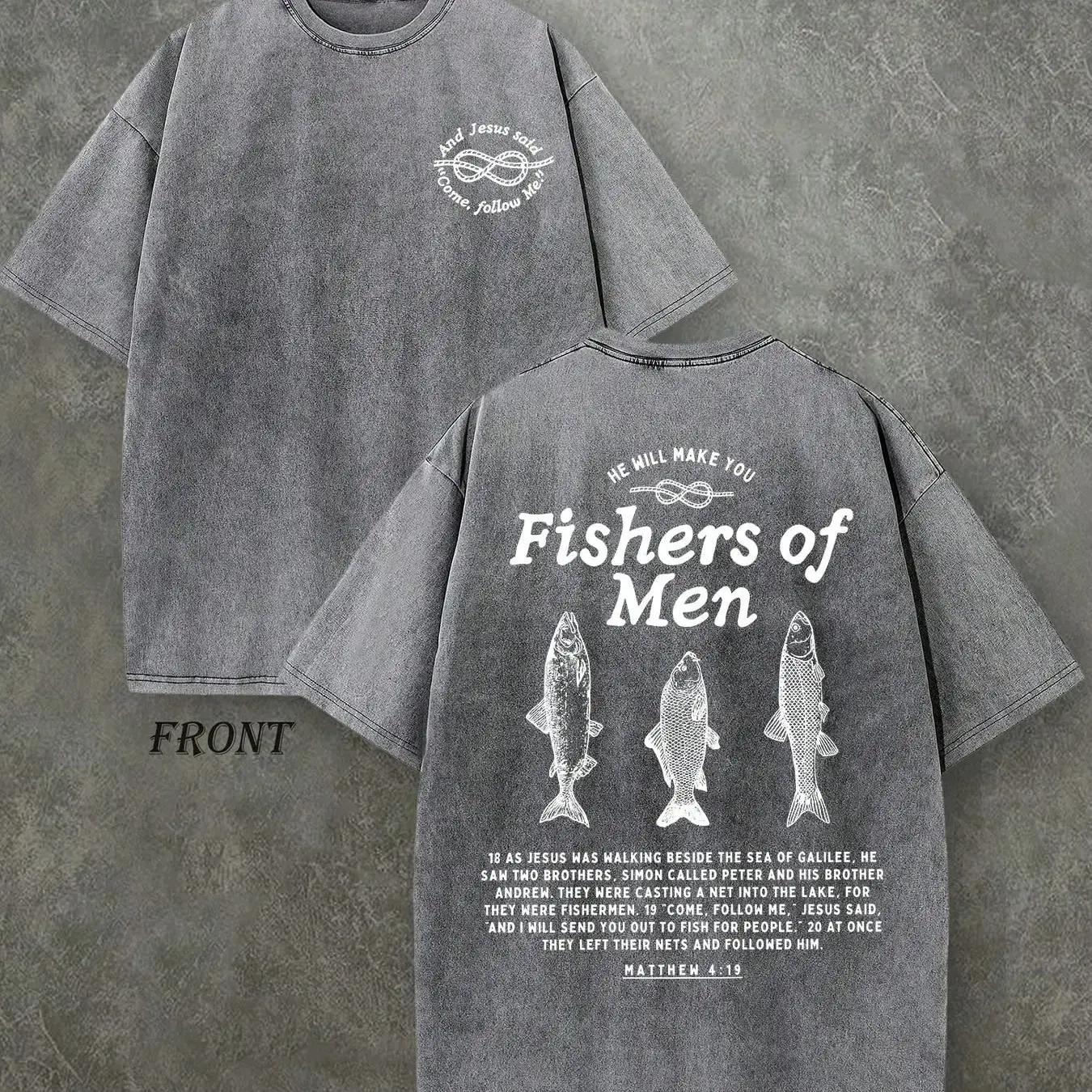 Vintage Fishers of Men Matthew 419 Front Back Double Print Christian T-Shirt, Washed Black Oversized Cotton Crewneck Tee, Fishing Knot Chest Three Fish Scripture Religious Faith Outdoor Streetwear Gift Top