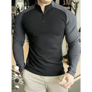 Men's Colorblock Zip Up Mock Neck Tee, Quick Drying Long Sleeve T-shirt for Gym Workout, Fashion Casual Men's Top for Spring & Fall, Moisture Wicking Tee