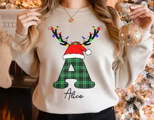 Personalized Letter Initial Christmas Sweatshirt, Buffalo Plaid Santa Hat Monogrammed Shirt, Custom 24 Alphabet Sweater With Name, Matching Family Xmas Shirts, Merry Christmas Crewneck Sweatshirts