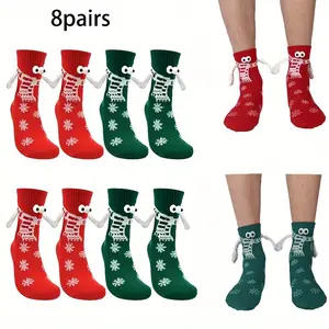 8 Pairs Holding Hand Novelty Socks Magnetic Doll Unisex Funny Couple Graduation 3D Cute Socks Christmas Gift Red & Green Snowflake Design cartoon  socks