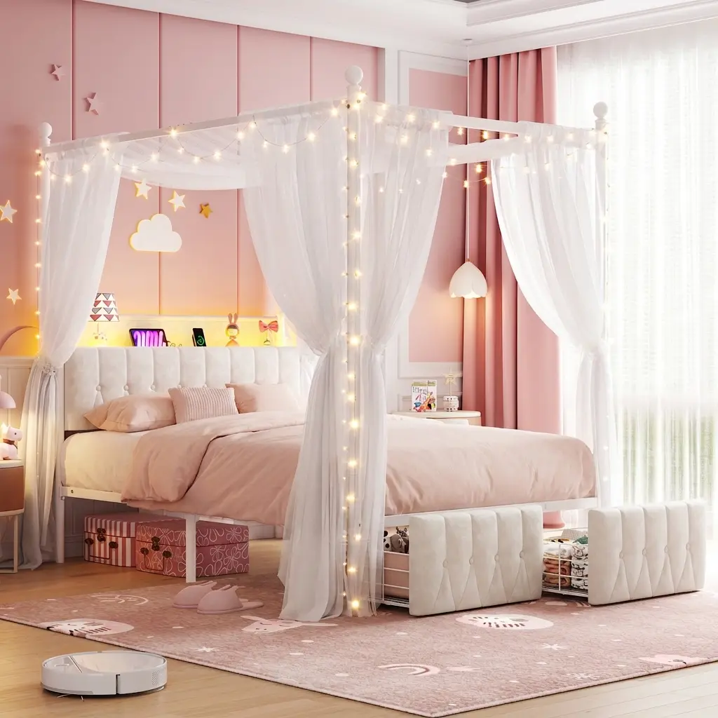 【Summerwins】Raybee Nester Modern Canopy Bed Frame King/Queen Size with 2 drawers & Upholstered Headboard, No Box Spring Needed,Platform Bed with Sturdy Steel Slats Support,Noise-Free & Heavy Duty 800lbs Capacity, Under-Bed Storage,Easy Assembly #Cocooners