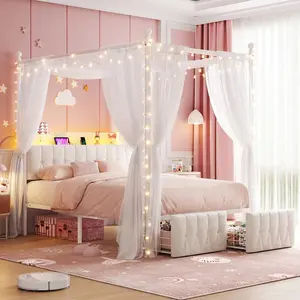 【Deals for you Days】Raybee Modern Canopy Bed Frame King/Queen Size with 2 drawers & Upholstered Headboard, No Box Spring Needed,Platform Bed with Sturdy Steel Slats Support,Noise-Free & Heavy Duty 800lbs Capacity, 11" Under-Bed Storage,Easy Assembly