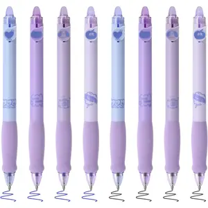 8 count Cute Retractable Erasable Gel Pens, Blue and Black Ink Pen with Eraser Clear, Smooth Writing Comfortable to Use for Note Taking Marking Planner Crossword Puzzles (Purple)