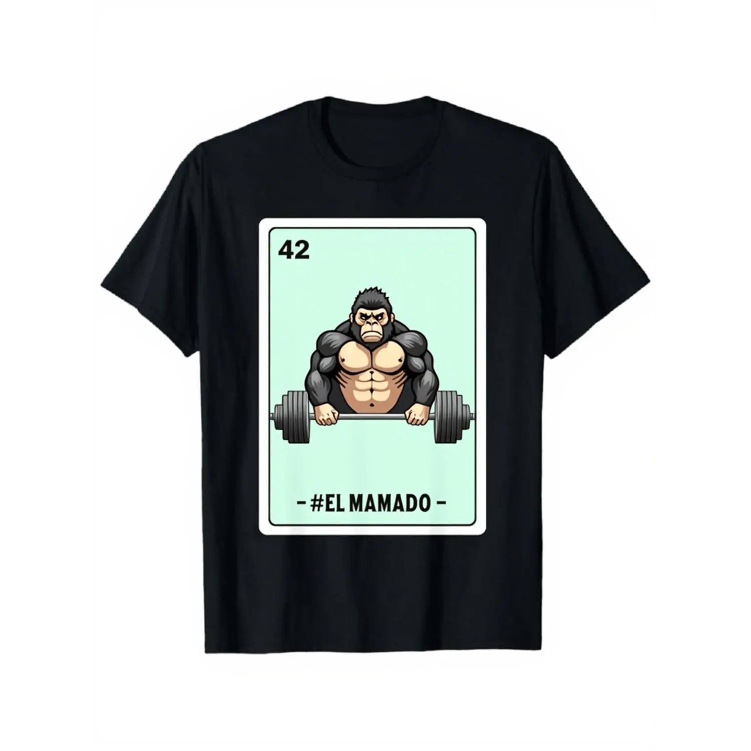 Black El Hombre Gorilla Weightlifting & Spanish Text (El 42/El Mamado) T-Shirt - 42 Number Design, Pure Cotton Gym & Casual Streetwear, Short Sleeve Crew Neck Top for Bodybuilding Fans & Weightlifting Enthusiasts