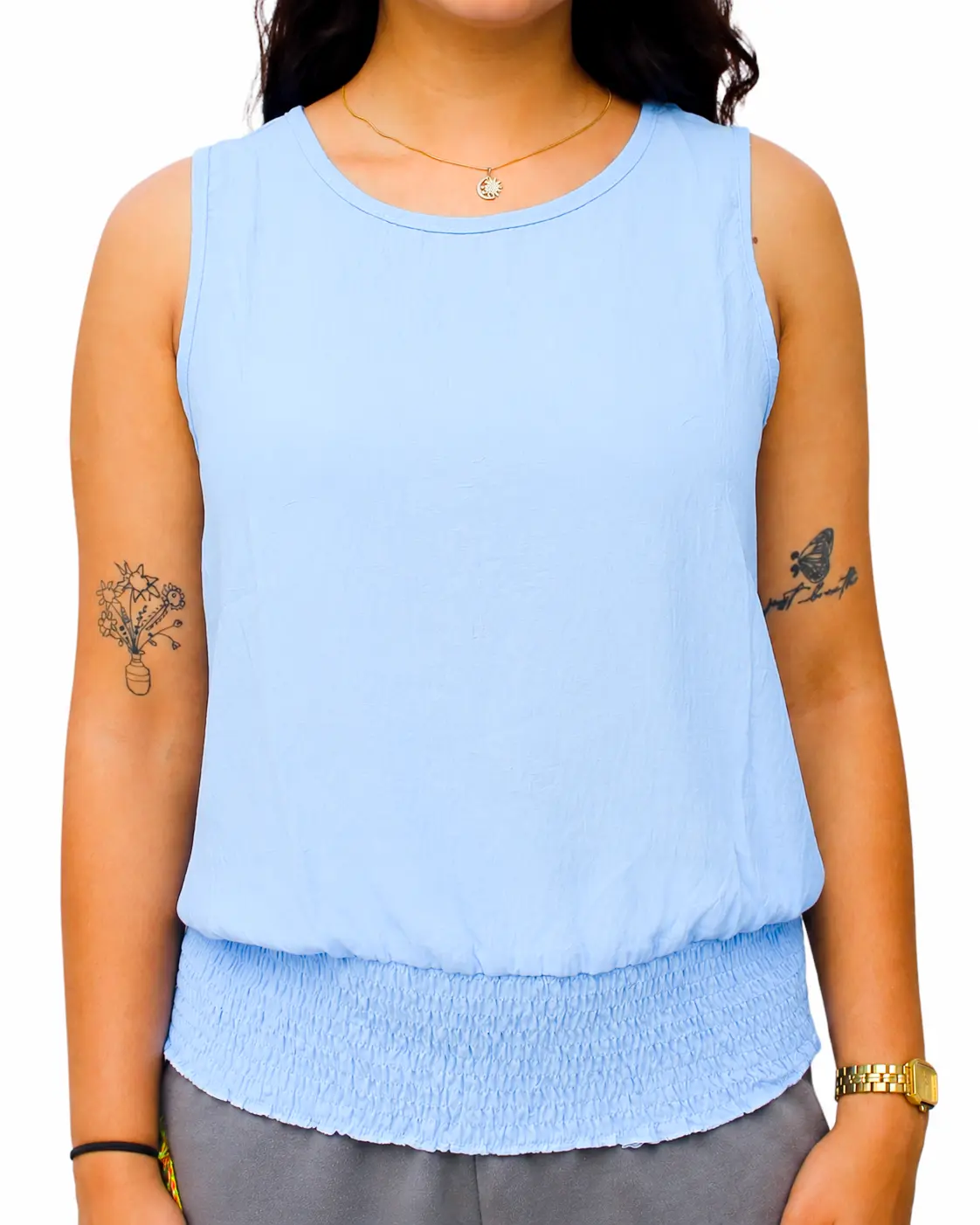 Light Blue Sleeveless Top with Smocked Hem for Women