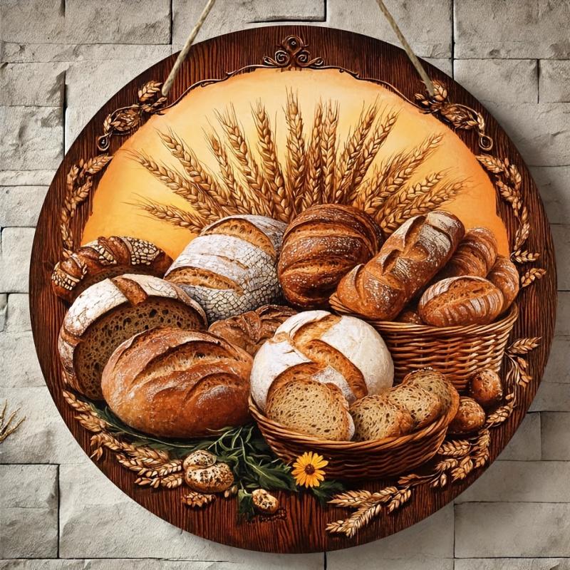 Round Wooden Hanging Decor, Bread & Wheat Pattern Hanging Swag, Wall Art Decor for Home Kitchen Coffee Shop Office, Hangable