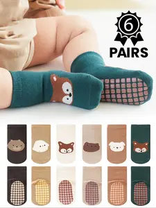 6 Pairs Baby Boys Girls Non-Slip Socks, Soft Comfortable Cartoon Pattern, Toddler Walking Socks for All Seasons, Casual Style, Socks Set