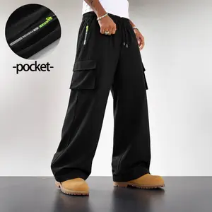 Men’s cargo pants — wide-leg drawstring, multi-pocket streetwear utility long pants. Features a loose straight cut, includes zippered pockets and a large flap utility pocket, suitable for casual commuting, outdoor activities, and everyday casual wear.