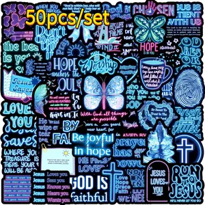 50pcs/set Neon Blue/ Bible Graffiti Stickers, Wholesale Planner Notebook Desktop Waterproof Decals, Bulk Art Supplies for Creative Projects