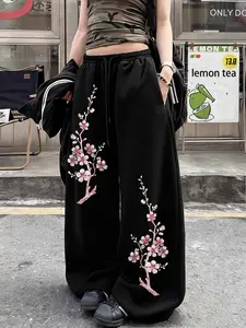 Women's Glitter Cherry Blossom Oversized Wide-Leg Sweatpants | Y2K Streetwear Joggers with Sparkle Sakura Print | Casual Baggy Trousers