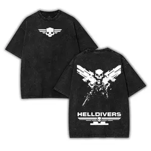 Helldivers 2 Skull Insignia, Game Merch Graphic, Two Sided Print, Vintage Acid Wash Tee, Oversize Heavyweight Cotton T-shirt for Gamers & Fans