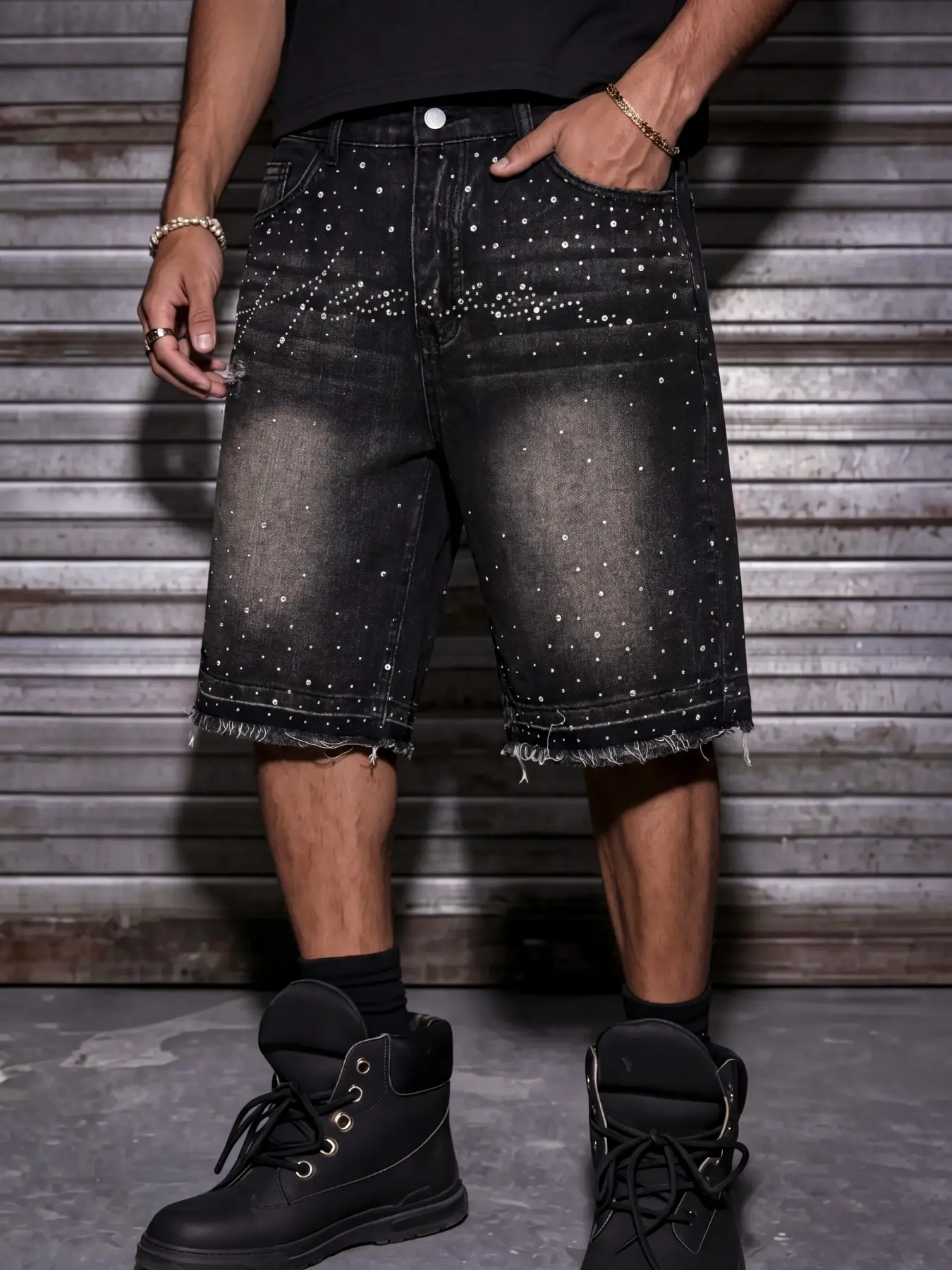 Men's Street Style Loose Baggy Jeans Shorts with Rhinestone Decorations, Vintage Washed Denim, Original Frayed Edges Design, Y2K Street Style, Casual Summer Pants, Suitable for Daily/Party Outfits, Ideal Gift for Husband or Boyfriend