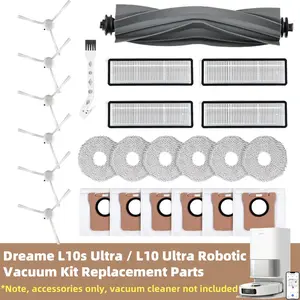 Compatible with the Dreame L10s Ultra / L10 Ultra robot vacuum, this 24-piece accessory set includes 1 main brush, 4 HEPA filters, 6 side brushes, 6 mop pads, 6 dust bags, and 1 cleaning brush