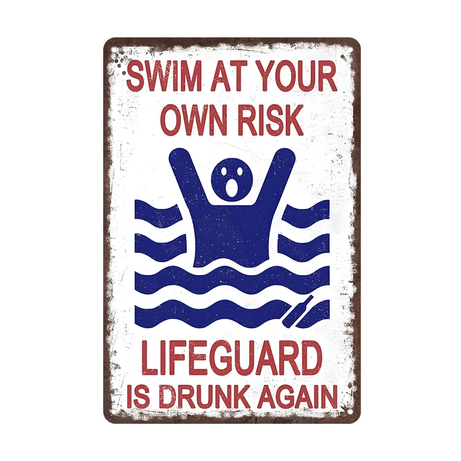 Vintage Funny "Swim At Your Own Risk" Rectangle Decorative Plaque Sign, 8x12in Aluminium Wall Metal Plaque, Above-Ground Pool Safety Products for Beach Swimmers, Outdoor Home Decor Supplies