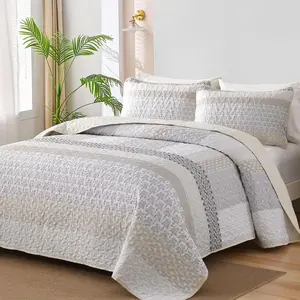 Beige Quilt Queen Size Bohemian Stripe Quilt Sets 3 Pieces Beige Boho Quilted Bedspread Set Lightweight Microfiber Coverlet Bedding Set All Season (96"x90")