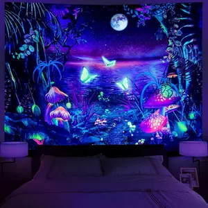 Blacklight Reactive Mushroom Forest Tapestry, Glow in The Dark Magical Fantasy Butterfly Moon Starry Night Wall Hanging for Bedroom Aesthetic Decor
