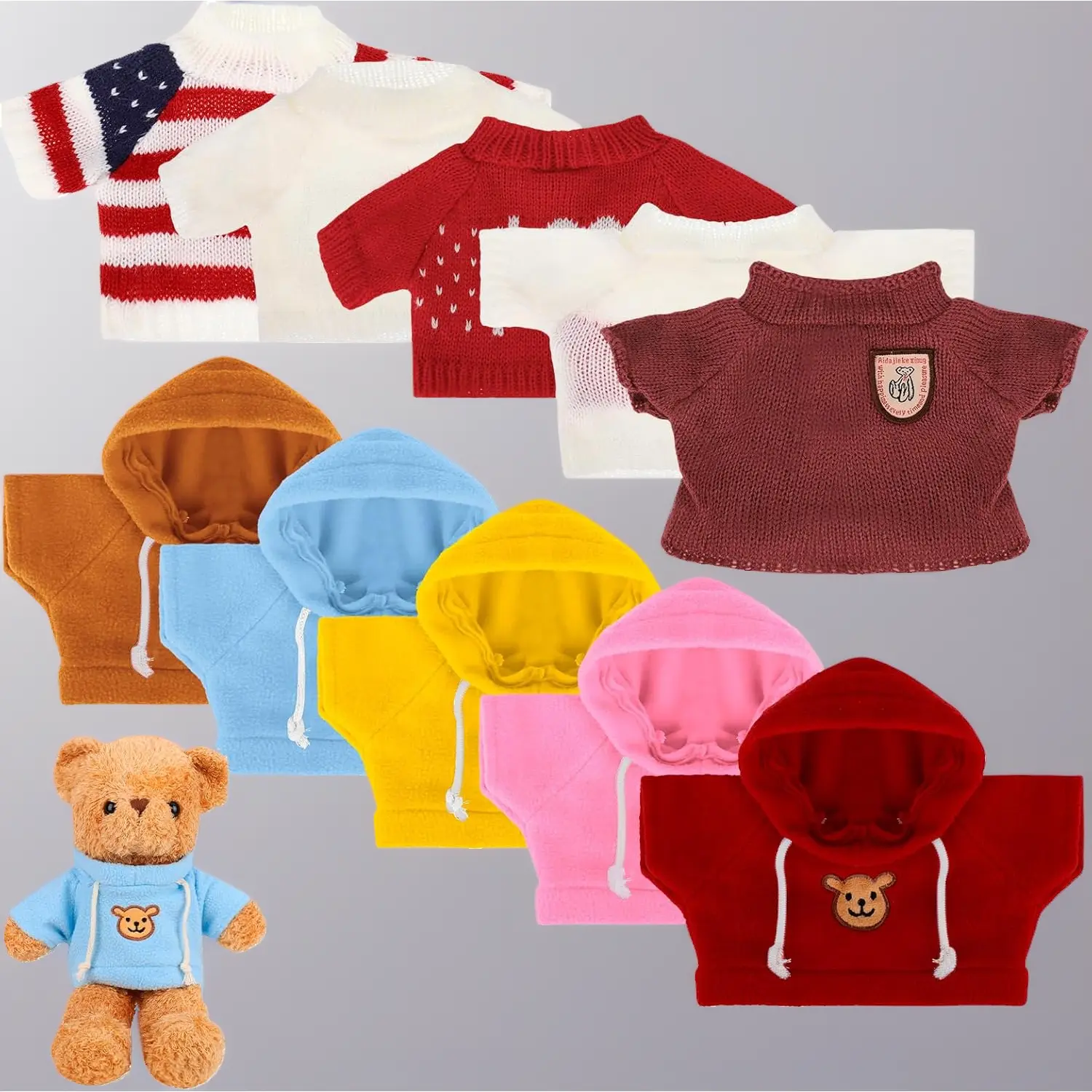 10Pcs Plush Clothing Kit for 14-18in Teddy Bears - Kawaii Look Outfits Including Hoodie, T-Shirt, Sweater, Hat, Glasses - DIY Attire for Build-A-Bear Type Stuffed Animals