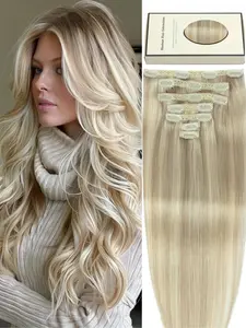 7pcs (50-65g) Clip-In Human Hair Extensions Suitable for all Hair Types - Look, Easy Clip- Installation, DIY Hair Add-Ons, Can Be Dyed & Curled for Volume, Length, Highlights/Lowlights, Dyeing, Curling