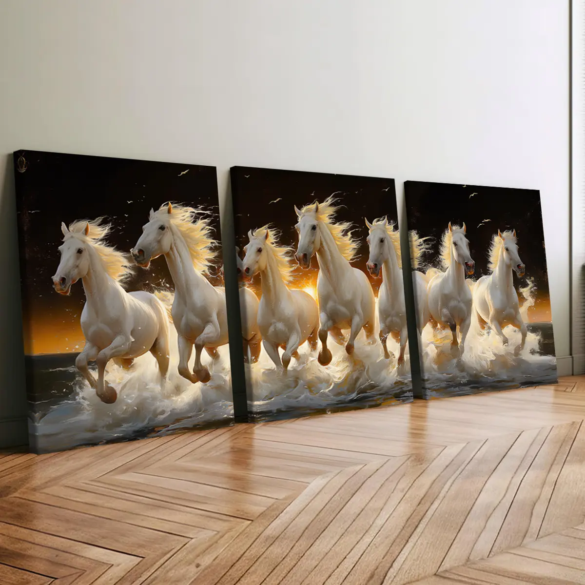3Pcs Artistic Wood-Framed Canvas Wall Art Painting - Animal Theme Horse Pattern Print, 7 White Running Horses in Water, Odorless Home Decor for Living Room, Bedroom