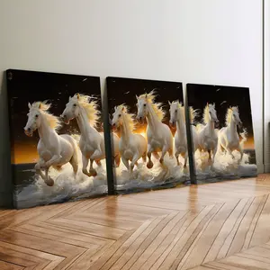 3Pcs Wooden Framed Canvas Painting, Seven White Horses Running In The Water, Exquisite Poster, Home Decoration, Pattern Wall Art Decor, For Living Room, Bedroom, Office, Restaurant, Bar Wall Decor, Odorless, Painting, Print Artwork.