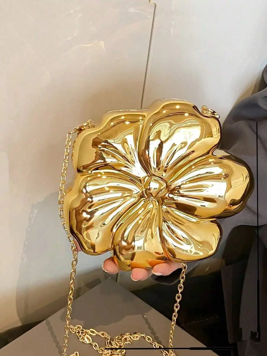 Women's Elegant Mini Floral Shaped Chain Crossbody Bag, Metallic Y2K Style Theme Party Shoulder Bag, Fashionable Novelty Design Bag, Multifunctional Compact Phone Key Coin Purse, Portable Outdoor Travel Holiday Cosmetic Bag, Exquisite Floral Bag, Wedding
