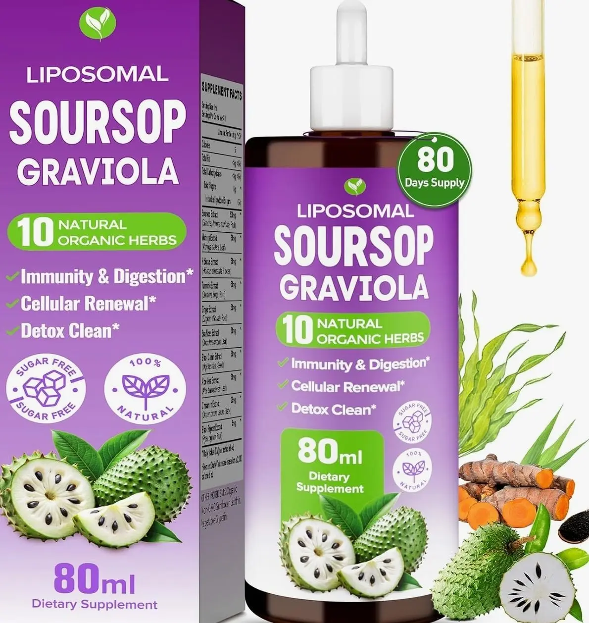 Soursop Bitters Liquid, 80ml Liposomal Multivitamin Blend with Organic Soursop Leaves, Black Seed Oil, for Cell Health, Immune, Gut Cleanse, Detox, Liver, Antioxidant, Zzz, Sugar Free -80 Days Supply