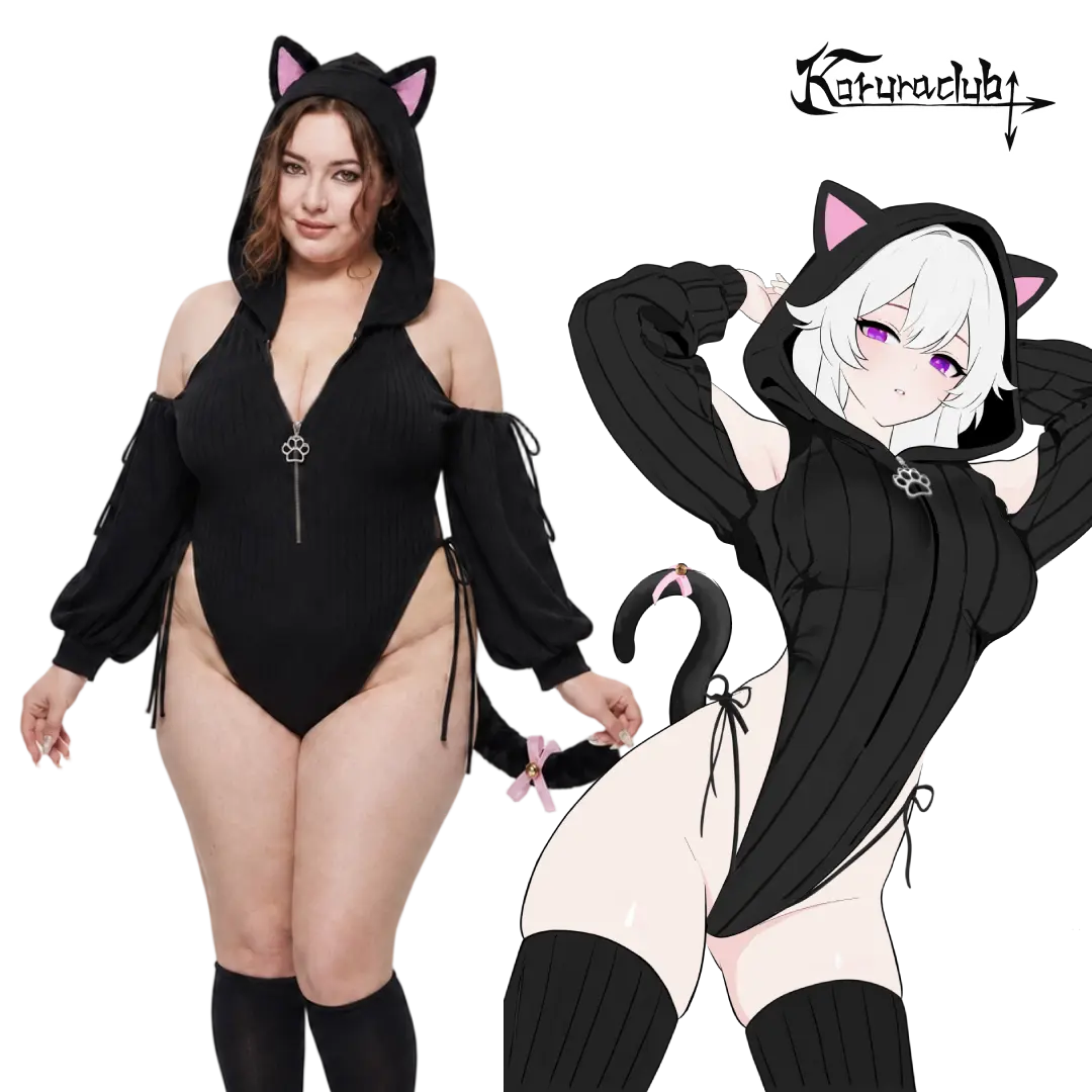 KORURACLUB Women's Cat Hoodie Bodysuit, Off Shoulder Long Sleeve Ribbed Romper with Zipper & Tail, Cute Sexy Y2K Outfit Black