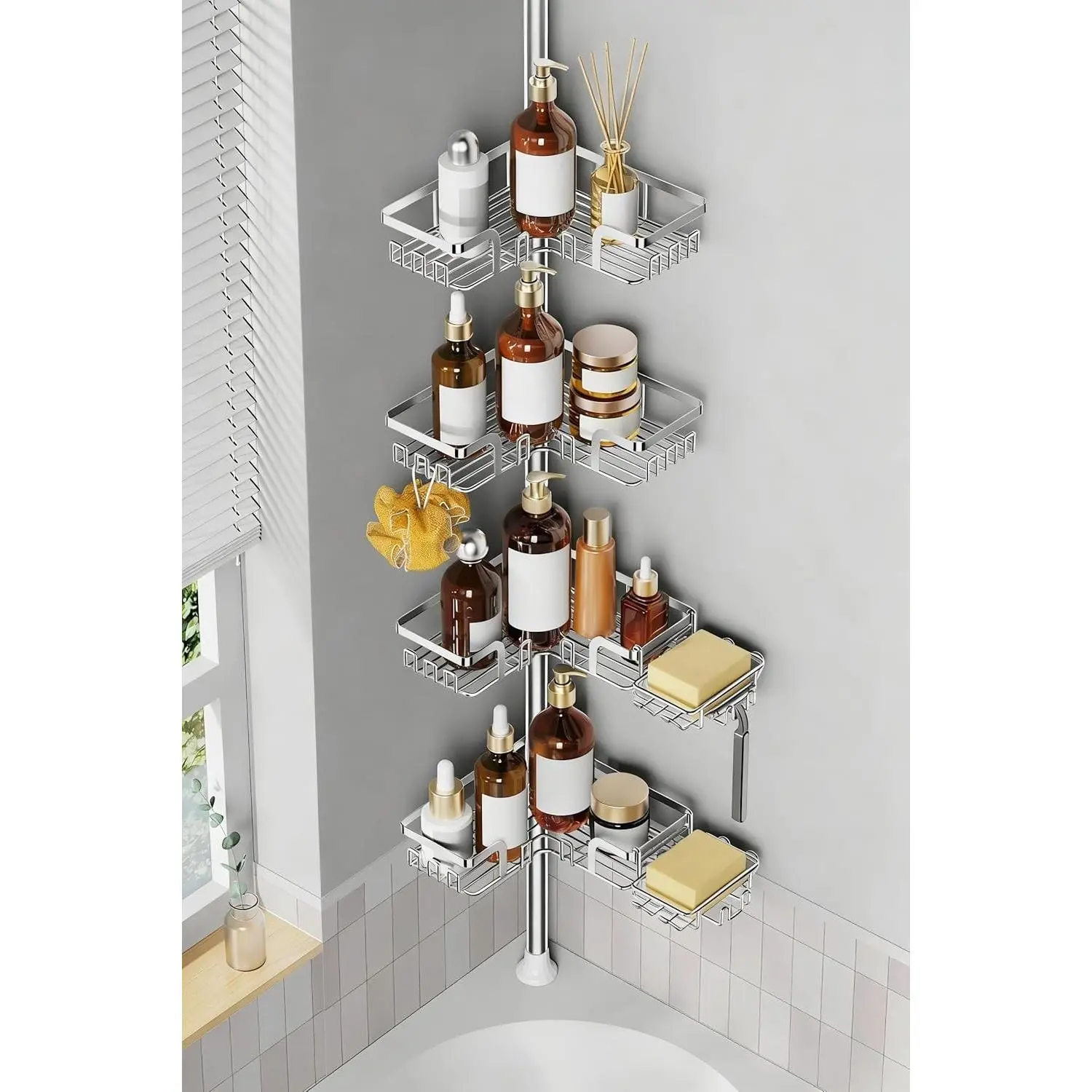 Shower Caddy Corner for Bathroom, Tension Pole, Adjustable 25in-114in Floor to Ceiling, Standing Shower Tension Rod Organizer, 4 Tier Storage Shelves with 2 Soap Holders/Hanging or Adhesive, Silver