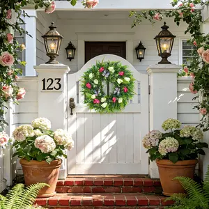 18 Inch Farmhouse Sunflower Greenery Wreath, Artificial Floral Ornament with Plaid Bow, Front Door Porch Wall Decoration for Holidays and Mother’s Day