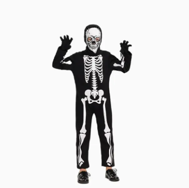 Kids Skeleton Halloween Costume, Child Grim Reaper Long Sleeve Jumpsuit with Skull Hood Mask & Gloves, Boys Scary Skeleton Cosplay Outfit for Party, Trick or Treat Costume, Plus Size Available